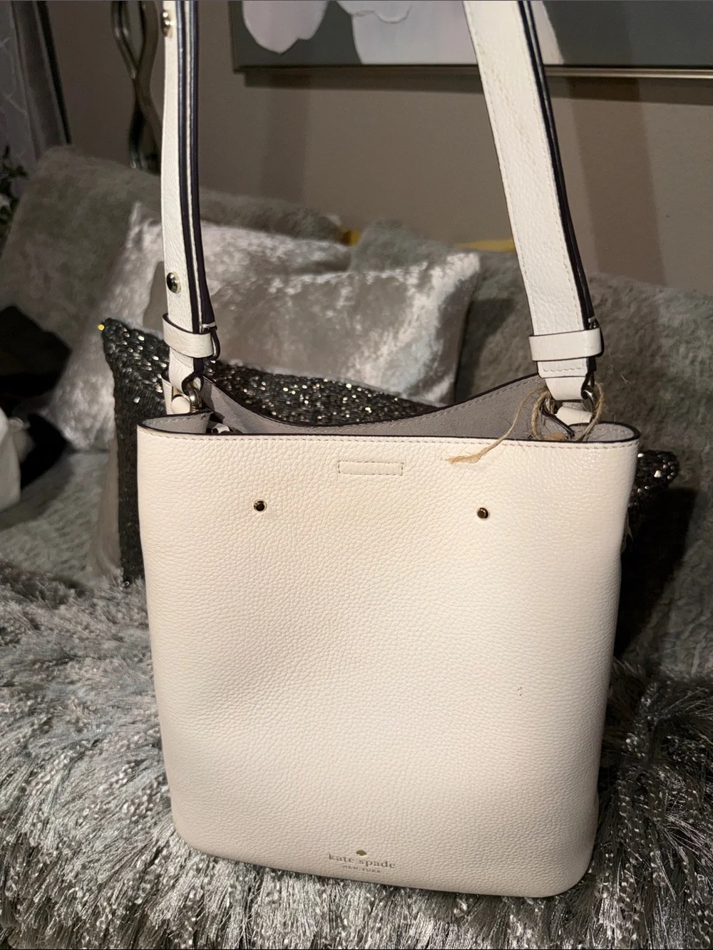 Cream Leather Shoulder Bag with Gold Accent